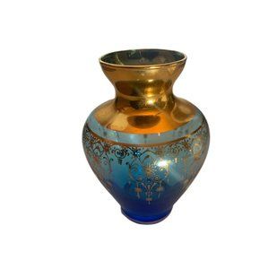 Vintage Vecchia Murano Art Glass Vase Blue 24k Gold Chandelier Trim